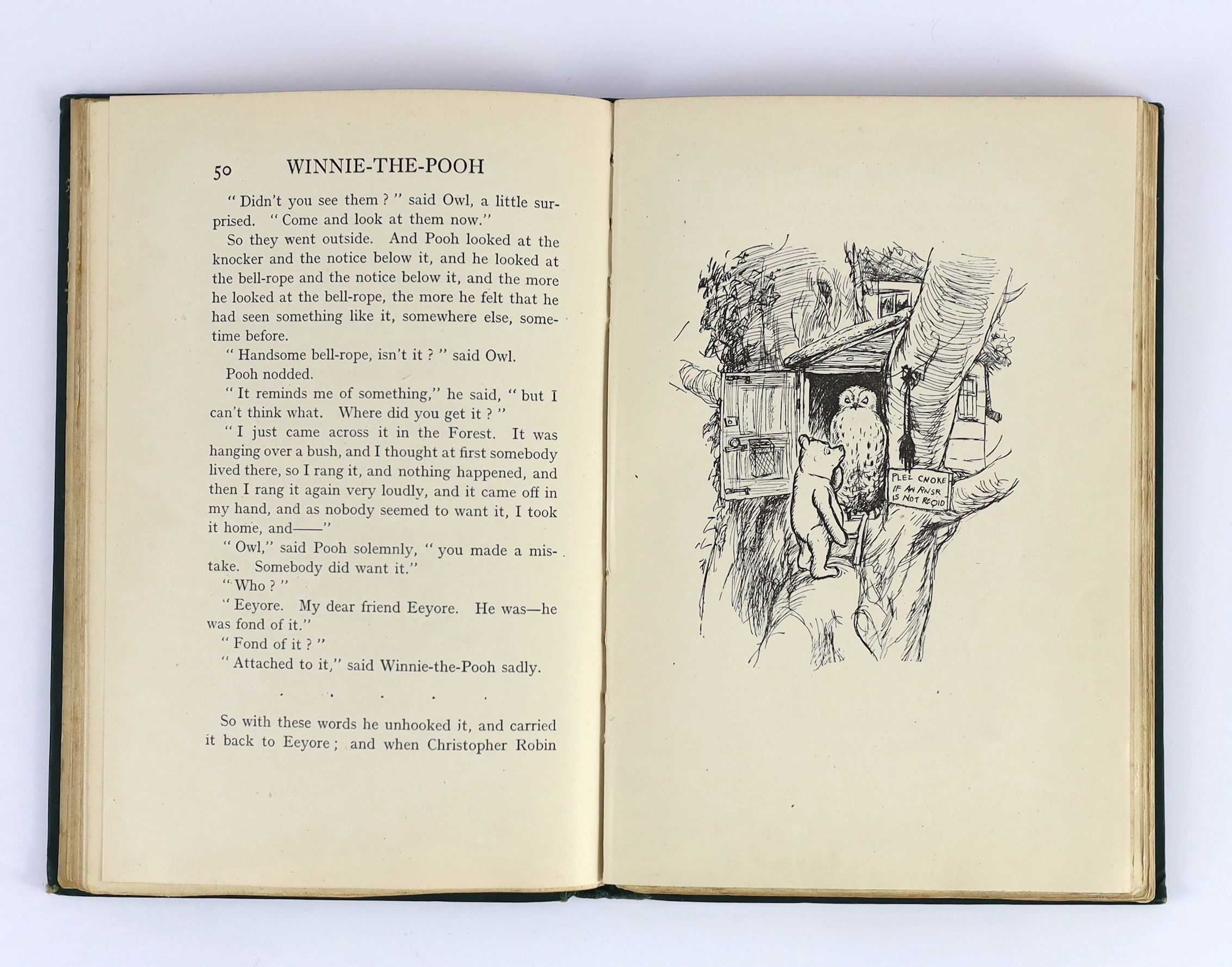 Milne, A.A. - Winnie-The-Pooh. First edition. illus. throughout (by Ernest H. Shepard, some full-page), half title; publisher's green gilt pictorial cloth, gilt top, pictorial e/ps., sm.cr.8vo. 1916